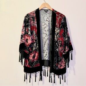 Burnout Velvet Floral Kimono Jacket Beaded Tassel Fringe Sequin Topper PL Goth